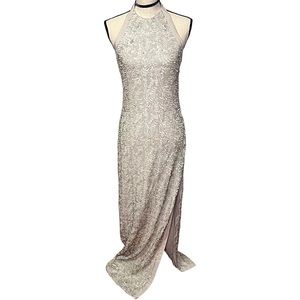 Halston Heritage champagne sequin halter evening gown